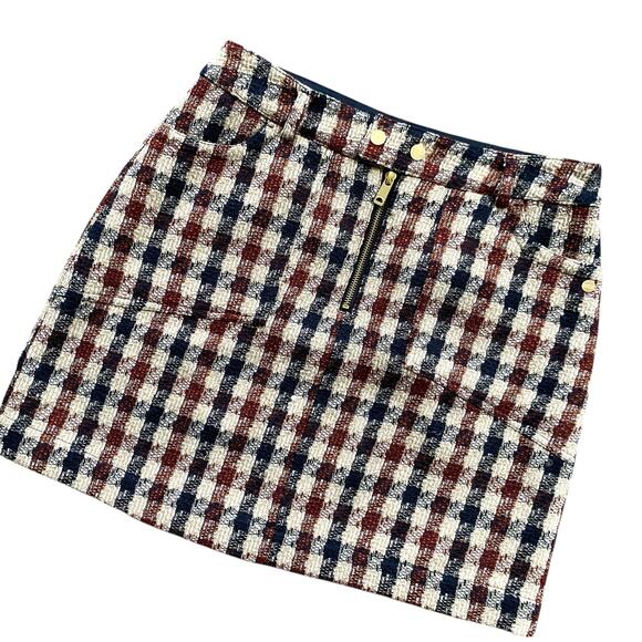 Scotch & Soda Tweed Mini Skirt Sz M Brown Check Exposed Zipper Retro Academia - Picture 10 of 13